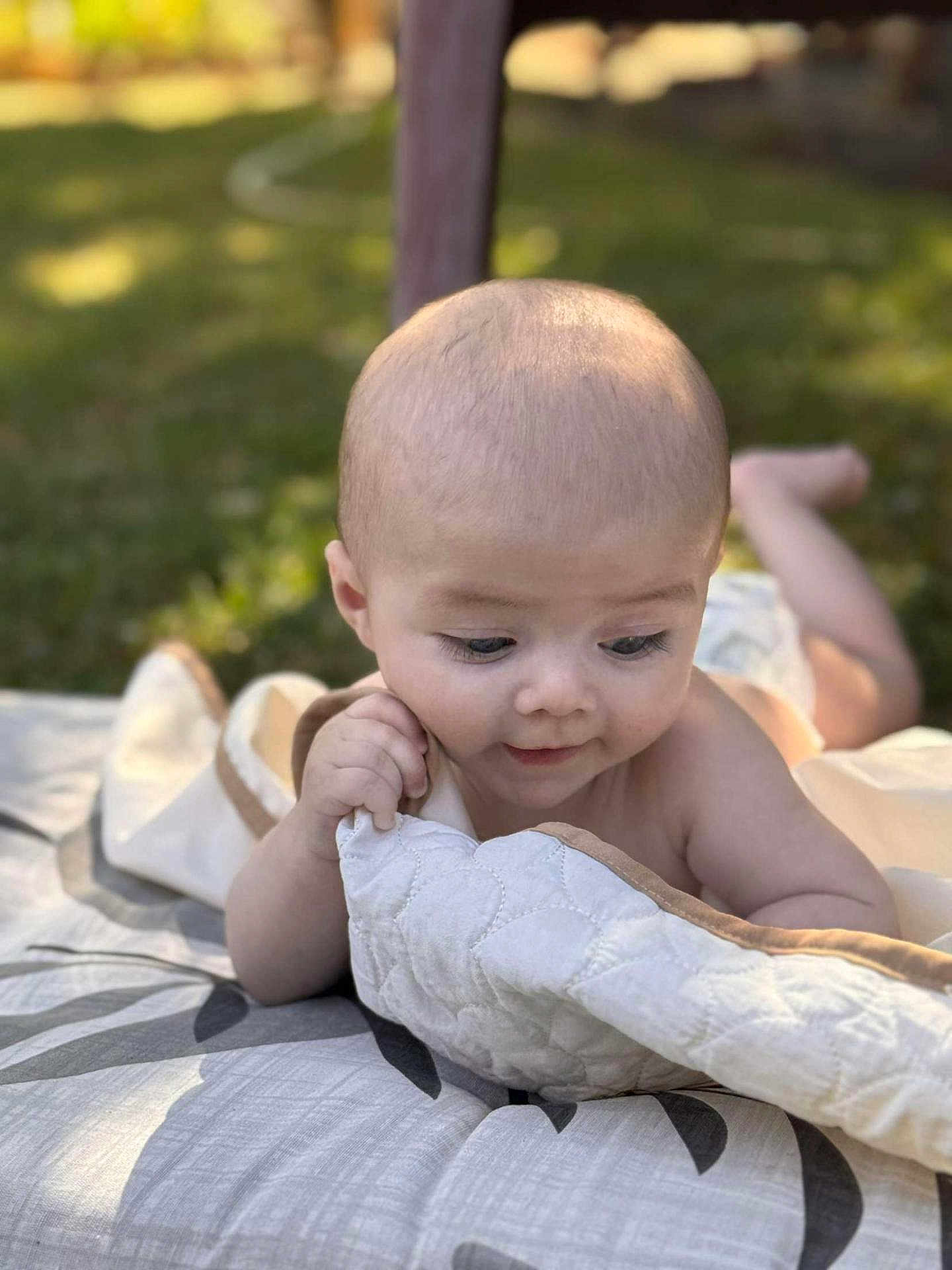 Maylone a rejoint le concours — aidez-le/la à gagner de superbes lots ! baby, infant, blanket, quilt, outdoor, grass, face, head, skin, cute, child, person, smile, hand, lying, daylight, nature, soft_light, expression, young