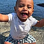 Apollo joined the competition — help win amazing prizes! toddler, child, smiling, happy, outdoor, lake, rock, water, blue_sky, greenery, shorts, white_shirt, barefoot, sunlight, nature, sitting, portrait, cute, playful, summer