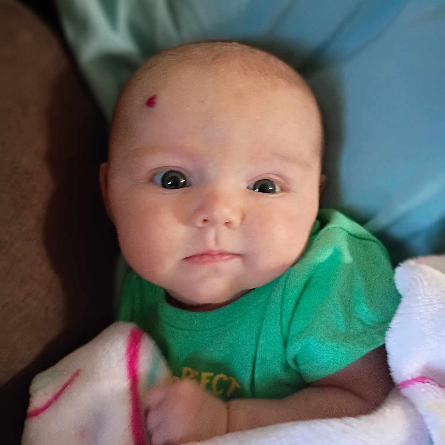 Freya joined the competition — help win amazing prizes! baby, infant, blanket, green_shirt, face, head, eyes, skin, child, indoors, portrait, cute, soft, cozy, newborn, expression, person, clothing, wrapped, resting