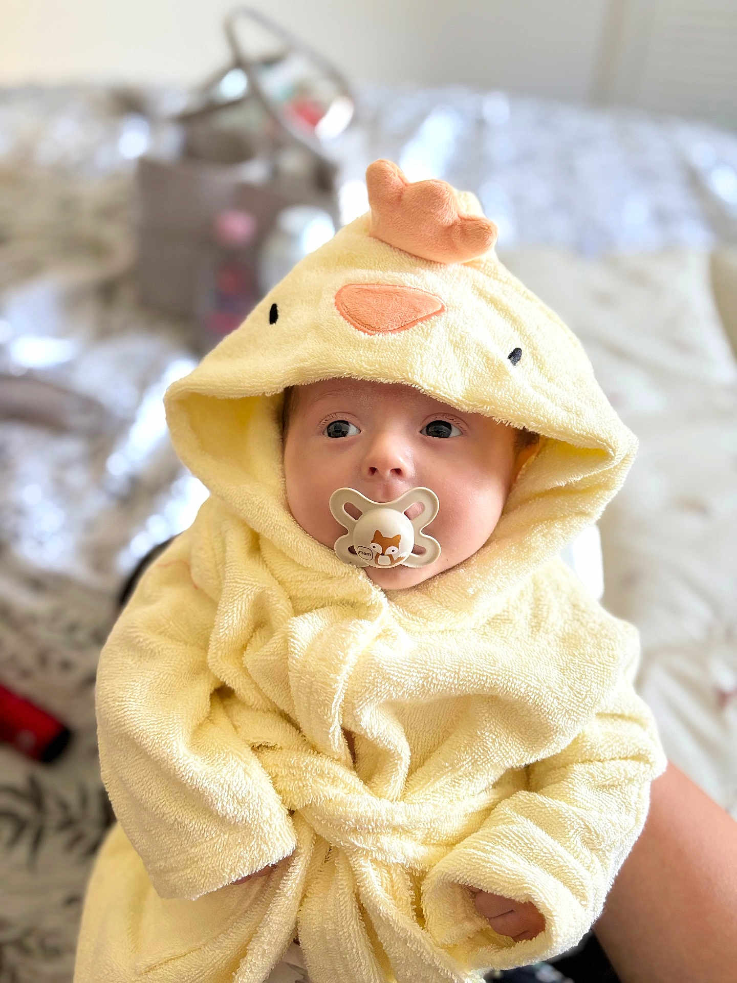 Natalie joined the competition — help win amazing prizes! baby, pacifier, towel, yellow, hooded_towel, child, infant, cute, soft, plush, face, hand, indoor, person, portrait, clothing, bed, blanket, comfort, warm