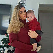 Liam participe au concours pour gagner de l'argent avec cette photo : woman, baby, child, christmas_tree, holiday, indoor, family, portrait, holding, red_sweater, casual_clothing, home, decorations, tree_star, smile, person, parent, toddler, living_room, seasonal