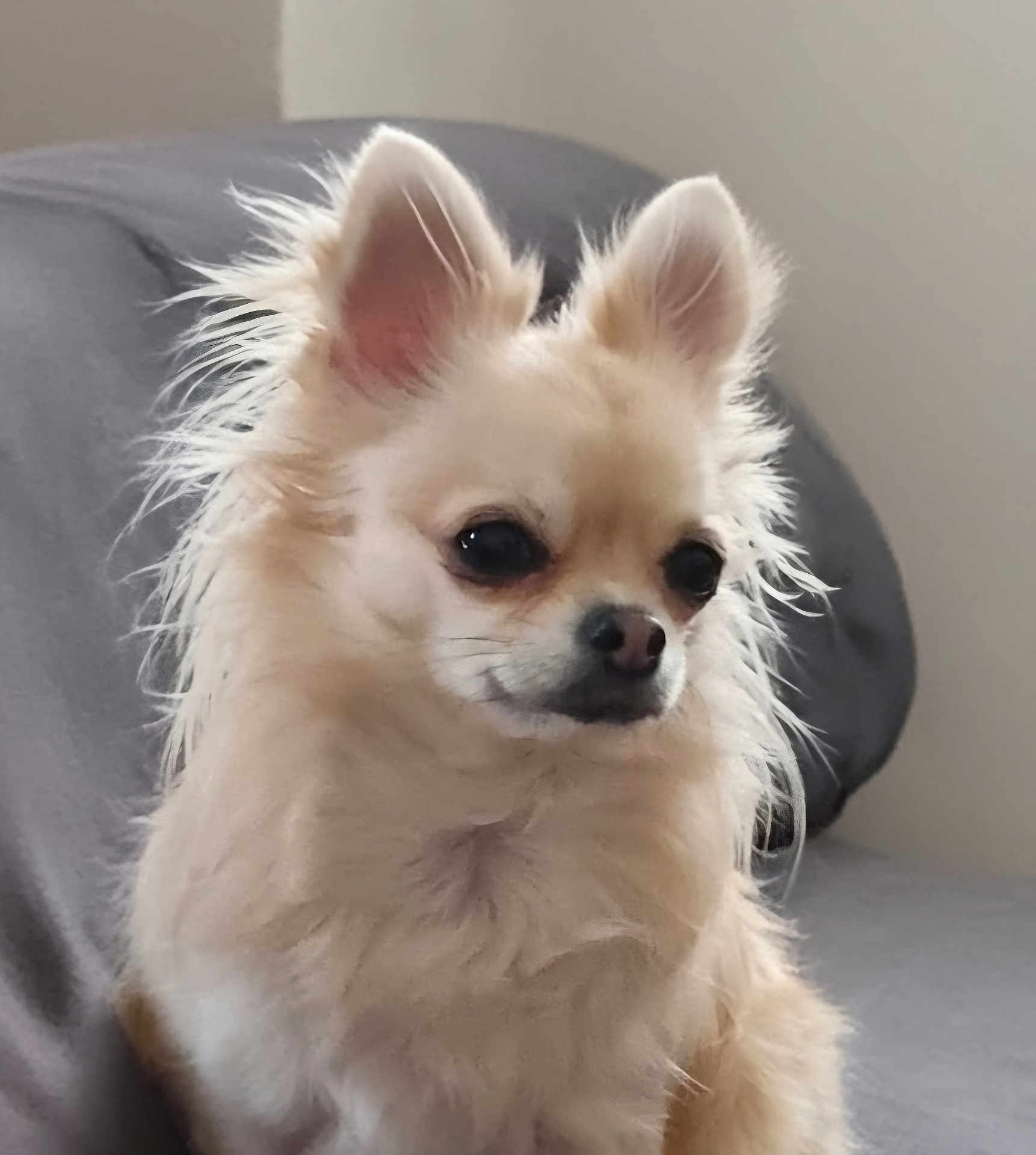 Bebe is registered to the contest to win money with this photo: dog, chihuahua, small_dog, fluffy, cream_color, pet, indoor, couch, ears, fur, animal, cute, companion, portrait, sitting, domestic_animal, friendly, canine, household, mammal