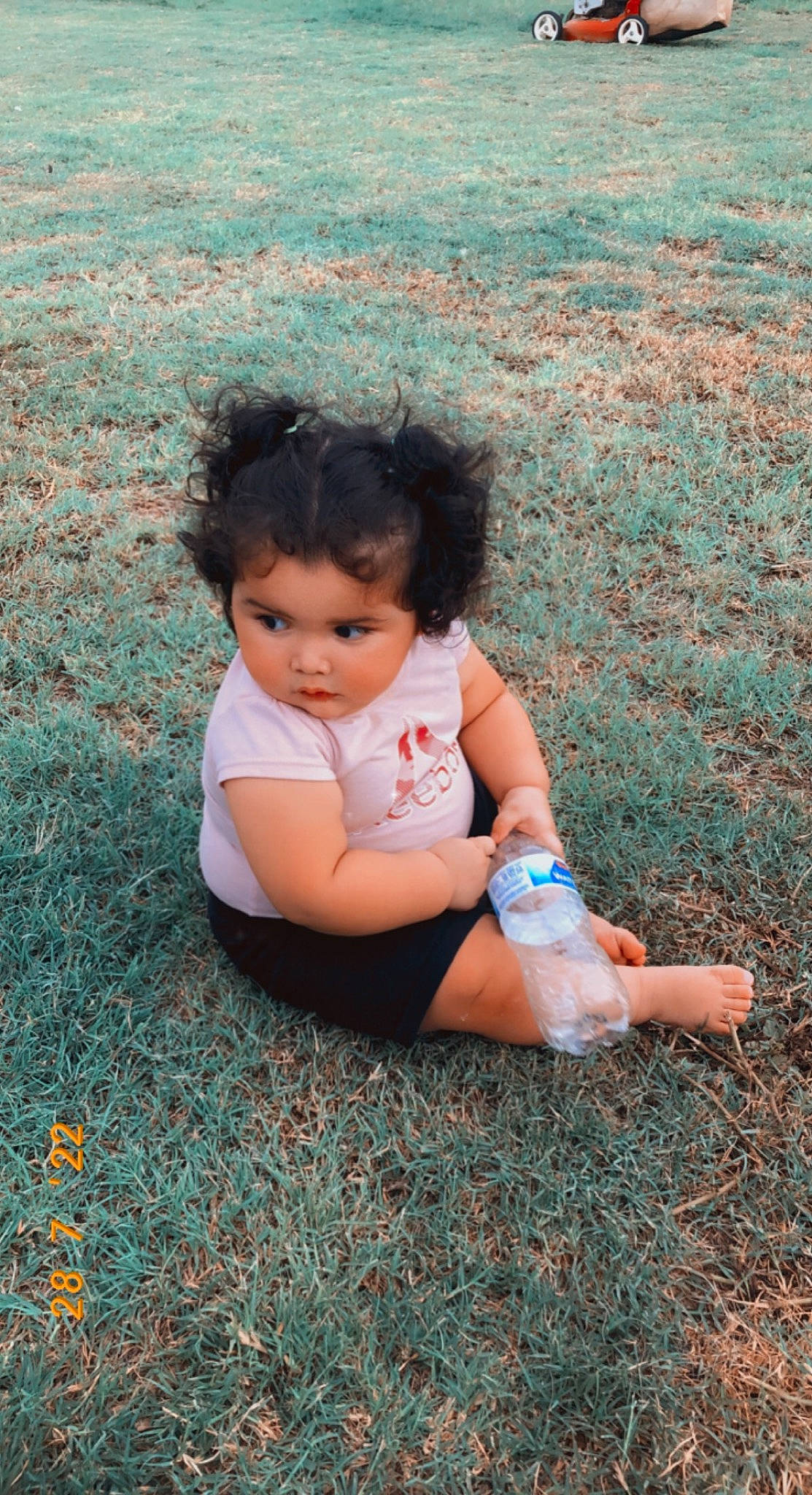 Ruby is registered to the contest to win money with this photo: azure, baby, baby_toddler_clothing, beauty, child, foot, fun, grass, hairstyle, happy, human_leg, leisure, people_in_nature, person, plant, sitting, skin, summer, thigh, tints_and_shades