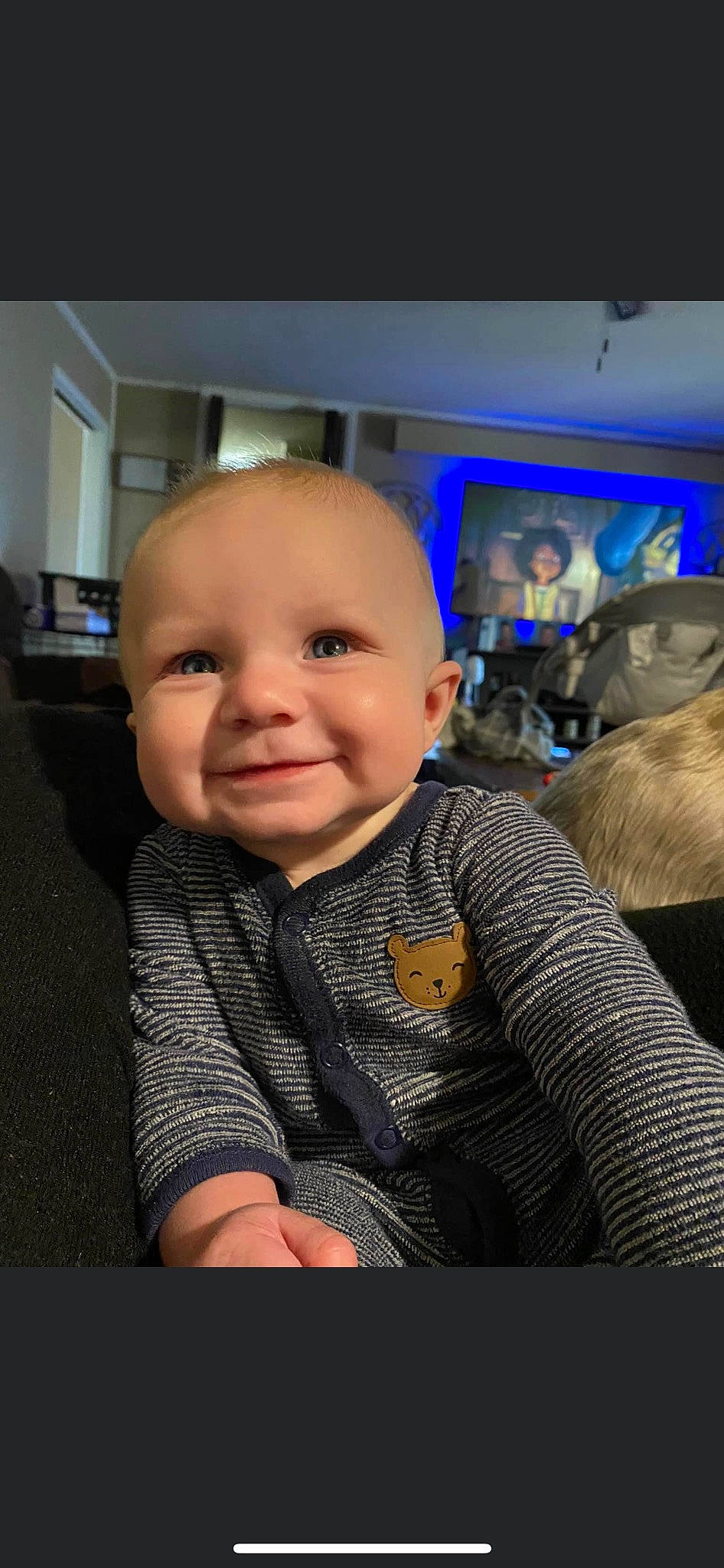 Calvin joined the competition — help win amazing prizes! baby, baby_laughing, baby_toddler_clothing, cheek, child, comfort, electric_blue, event, fun, happy, joy, person, picture_frame, room, sitting, sleeve, smile, television, toddler, vacation