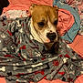 dog, blanket, bed, indoor, furniture, brown, white, pattern, paw_print, bone, snug, cozy, pet, fur, animal, expression, resting, comfort, textile, soft