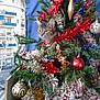 balls, blue, cat, christmas_tree, curious, decorations, feline, festive, gold, greenery, holiday, indoor, ornaments, pet, playful, red, silver, tabby, tinsel, window