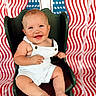 James is registered to the contest to win money with this photo: baby, child, smiling, happy, overalls, striped_clothing, chair, green_chair, american_flag, background, portrait, sitting, cute, infant, one_person, indoor, bright, colorful, face, expression