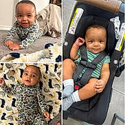Koa is registered to the contest to win money with this photo: baby, infant, child, crawling, car_seat, blanket, dinosaur_pattern, striped_shirt, footwear, socks, smiling, curious, indoor, carpet, black_hair, seatbelt, baby_clothing, baby_pose, baby_toys, floor