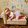 toddler, child, couch, crayons, colorful, scribbles, wall, wooden_floor, rainbow_skirt, headband, smiling, drawing, messy, indoor, playful, art, clothing, floor, portrait, happy