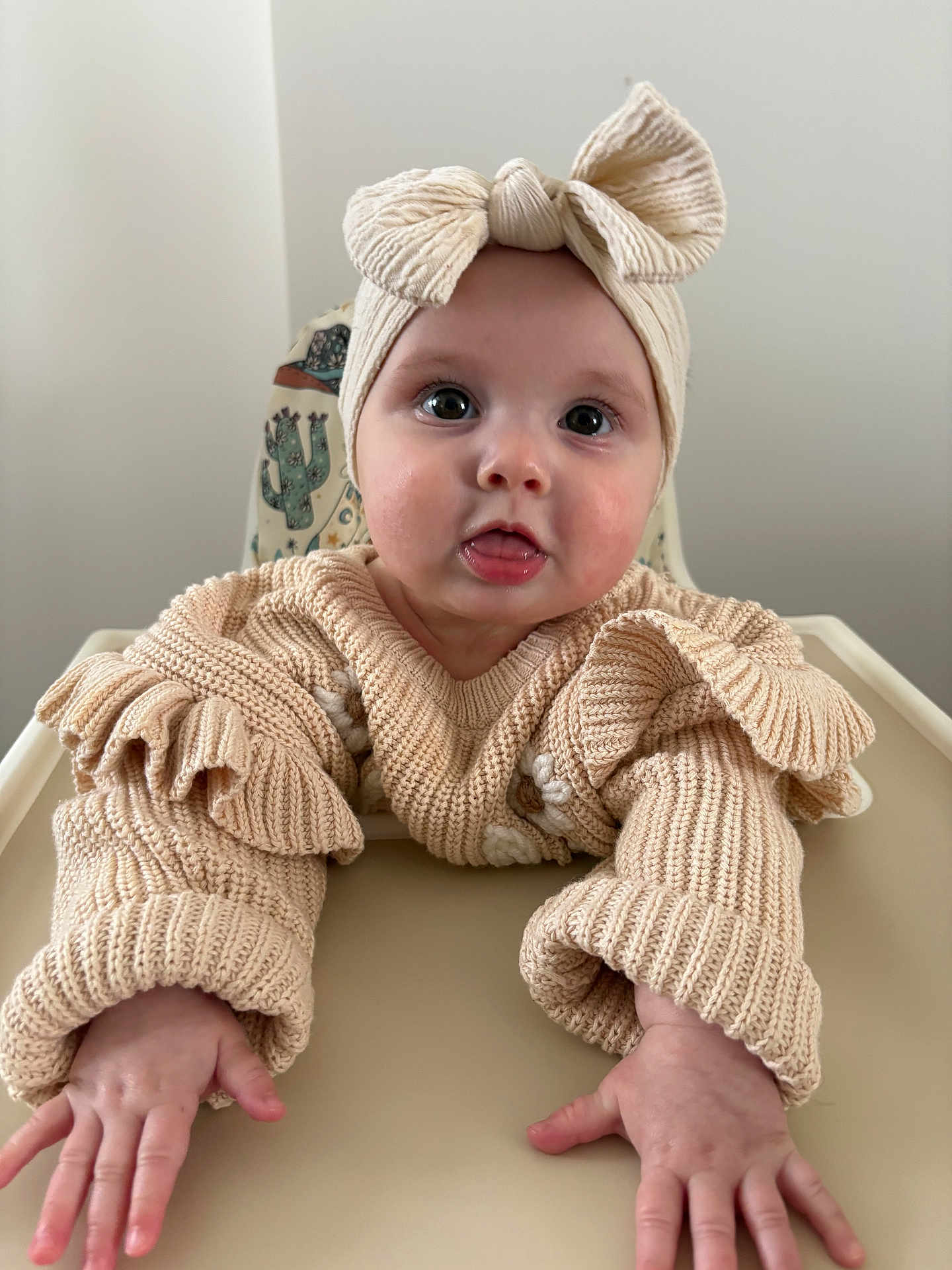 Indie joined the competition — help win amazing prizes! baby, infant, child, high_chair, knitted_clothing, headband, bow, sweater, hands, face, curious, indoor, cactus_pattern, soft_lighting, cute, portrait, skin, expression, young, person
