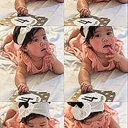 Vilorie is registered to the contest to win money with this photo: baby, infant, child, peach_clothing, white_headband, bed, milestone_card, 4_months, collage, chubby_cheeks, cute, curious, hands, fingers, lying_down, indoors, soft_light, portrait, close_up, baby_girl