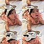 baby, infant, child, peach_clothing, white_headband, bed, milestone_card, 4_months, collage, chubby_cheeks, cute, curious, hands, fingers, lying_down, indoors, soft_light, portrait, close_up, baby_girl