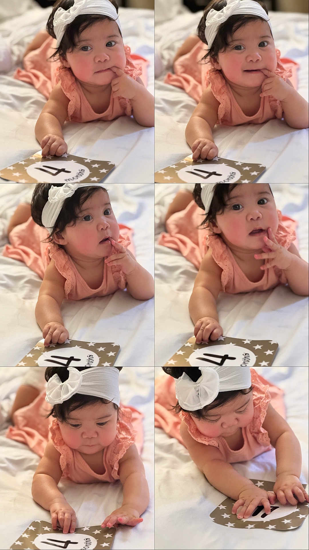 Vilorie is registered to the contest to win money with this photo: baby, infant, child, peach_clothing, white_headband, bed, milestone_card, 4_months, collage, chubby_cheeks, cute, curious, hands, fingers, lying_down, indoors, soft_light, portrait, close_up, baby_girl