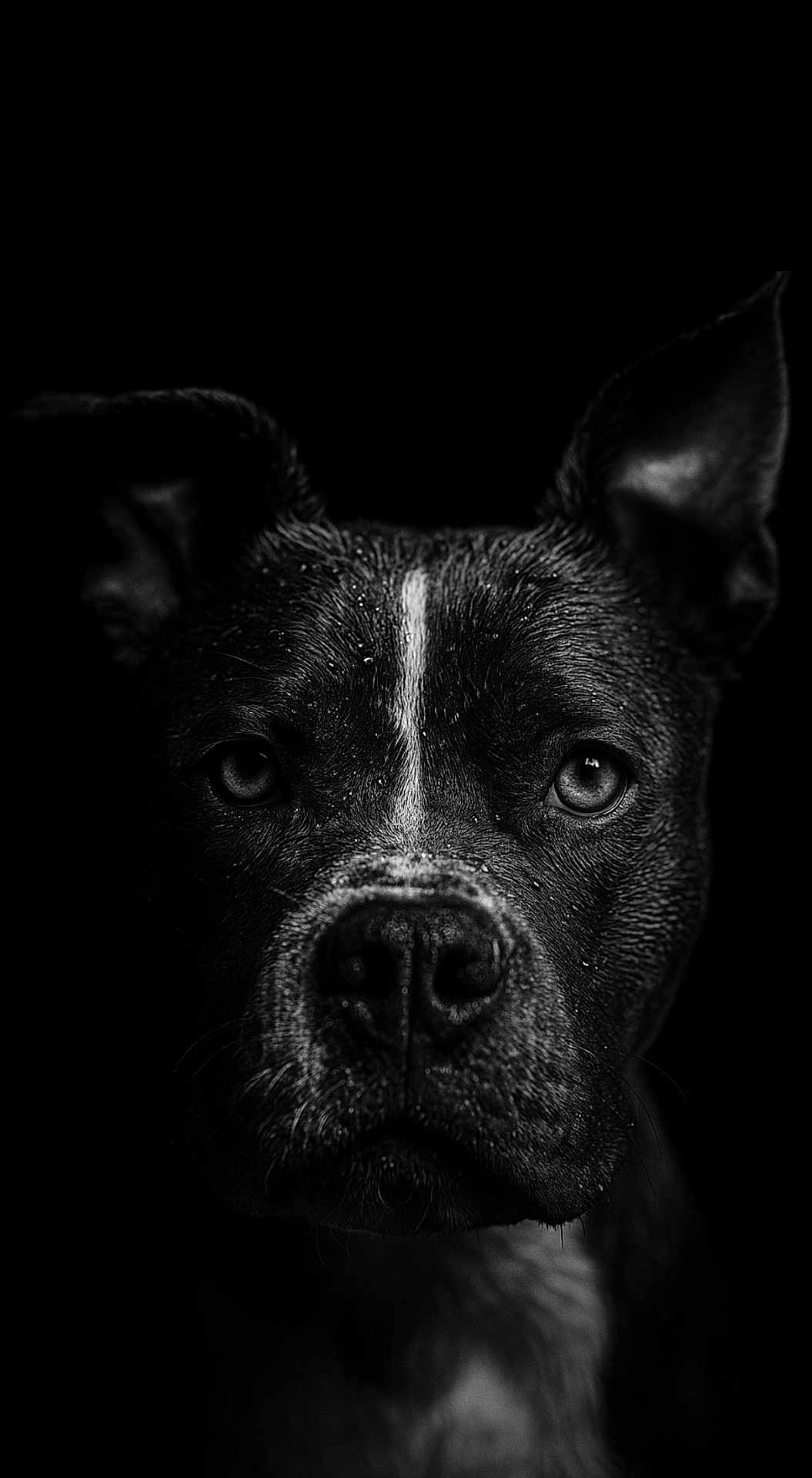 Milo a rejoint le concours — aidez-le/la à gagner de superbes lots ! dog, portrait, black_and_white, close_up, animal, face, muzzle, ears, fur, whiskers, intense_gaze, noir, moody, dark_background, wet_fur, canine, expression, studio_lighting, detailed, serious