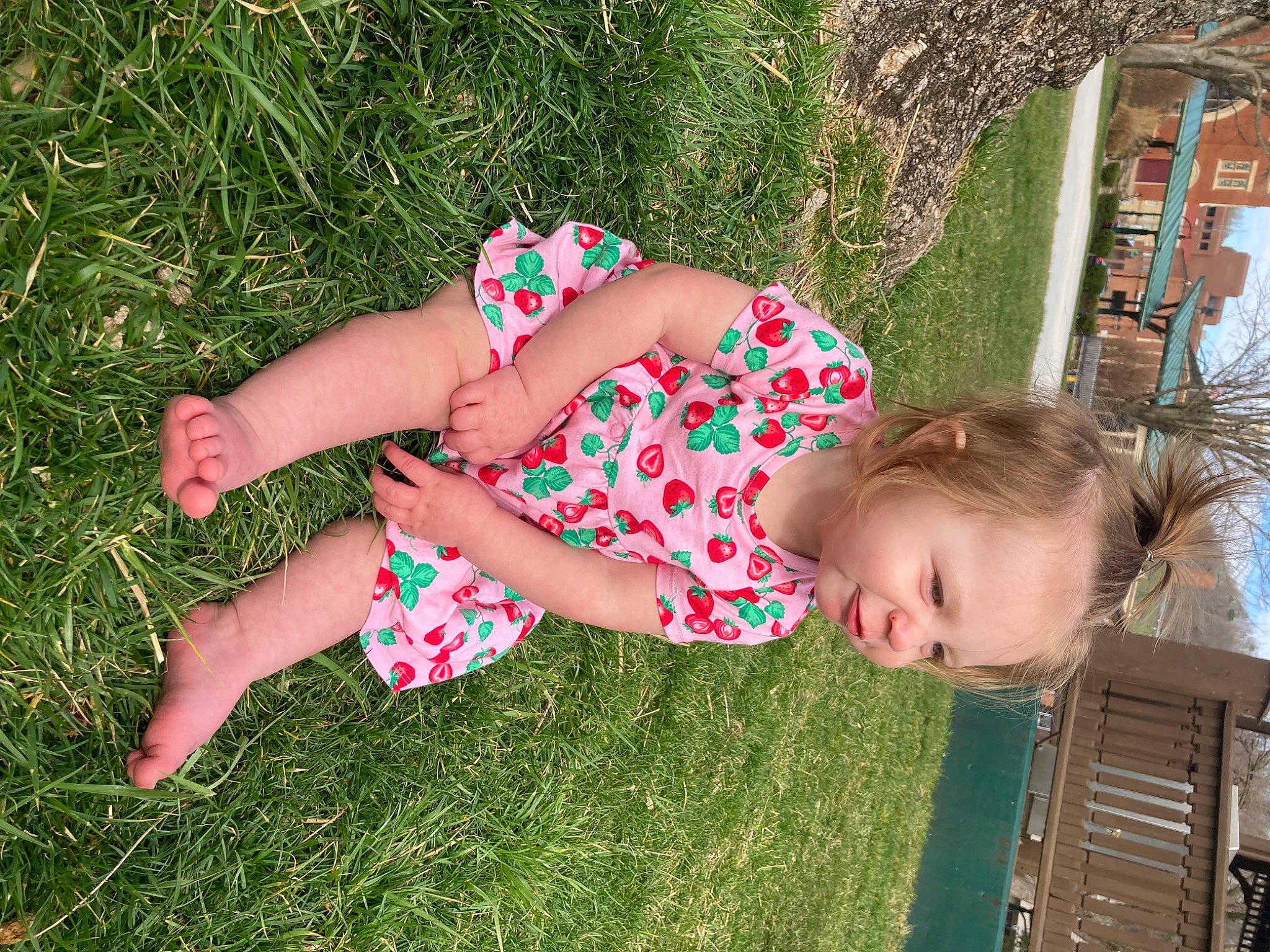 Vivien is registered to the contest to win money with this photo: beauty, botany, fun, grass, grass_family, green, happy, human_leg, joint, leaf, leisure, meadow, pattern, people_in_nature, person, pink, plant, thigh, toddler, tree