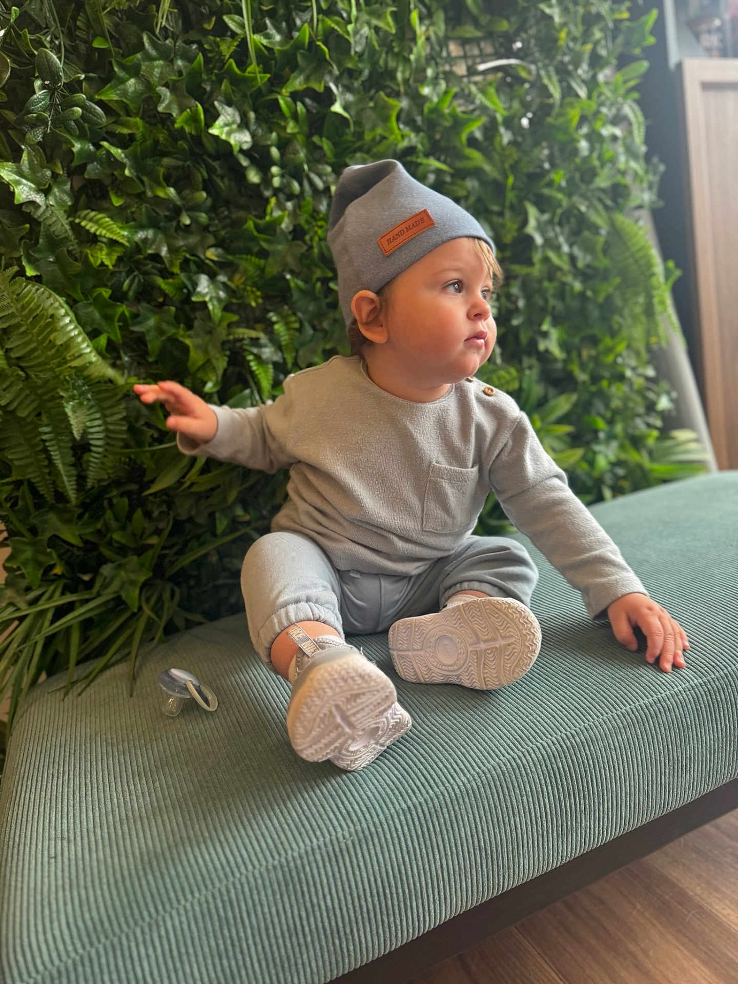 Ethyan joined the competition — help win amazing prizes! toddler, child, baby, beanie, grey_clothing, sneakers, pacifier, indoor, bench, greenery, plants, curious, seated, wooden_floor, face, portrait, cute, young_child, cozy, casual