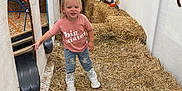 Everly is registered to the contest to win money with this photo: autumn, big_sister, child, cute, decorations, festive, fun, girl, hair_bow, hay, indoors, jeans, leaves, pink_shirt, play_area, playground, pumpkins, smiling, toy, white_shoes