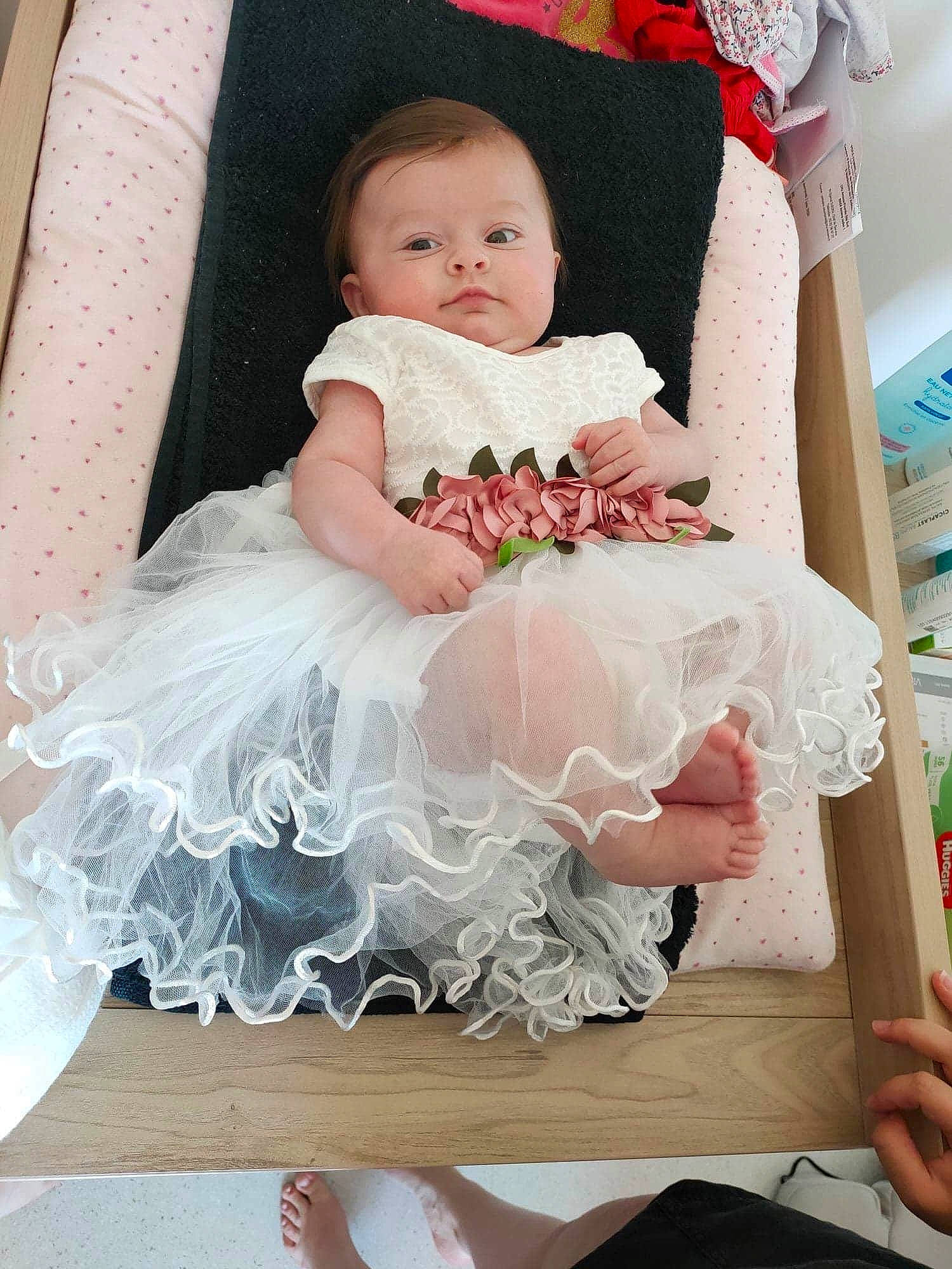 Danaë participe au concours pour gagner de l'argent avec cette photo : baby, bridal_party_dress, ceremony, child, dress, happy, person, pink, product, skin, textile, toddler, wedding_dress