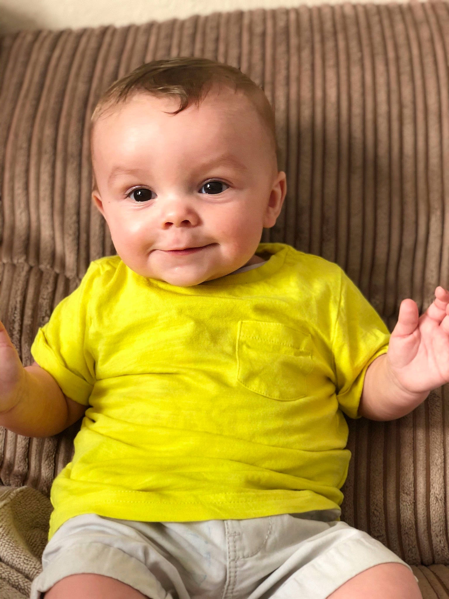 Jaxen joined the competition — help win amazing prizes! arm, baby, baby_toddler_clothing, cheek, child, chin, eye, face, finger, head, joy, leg, lip, nose, person, sitting, skin, sleeve, smile, t_shirt