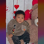 Acesyn is registered to the contest to win money with this photo: baby, background, brown, child, cozy, cute, hearts, holiday, indoor, infant, love, pants, photo_crop, plush_toy, portrait, red, smiling, sweater, teddy_bear, valentines_day