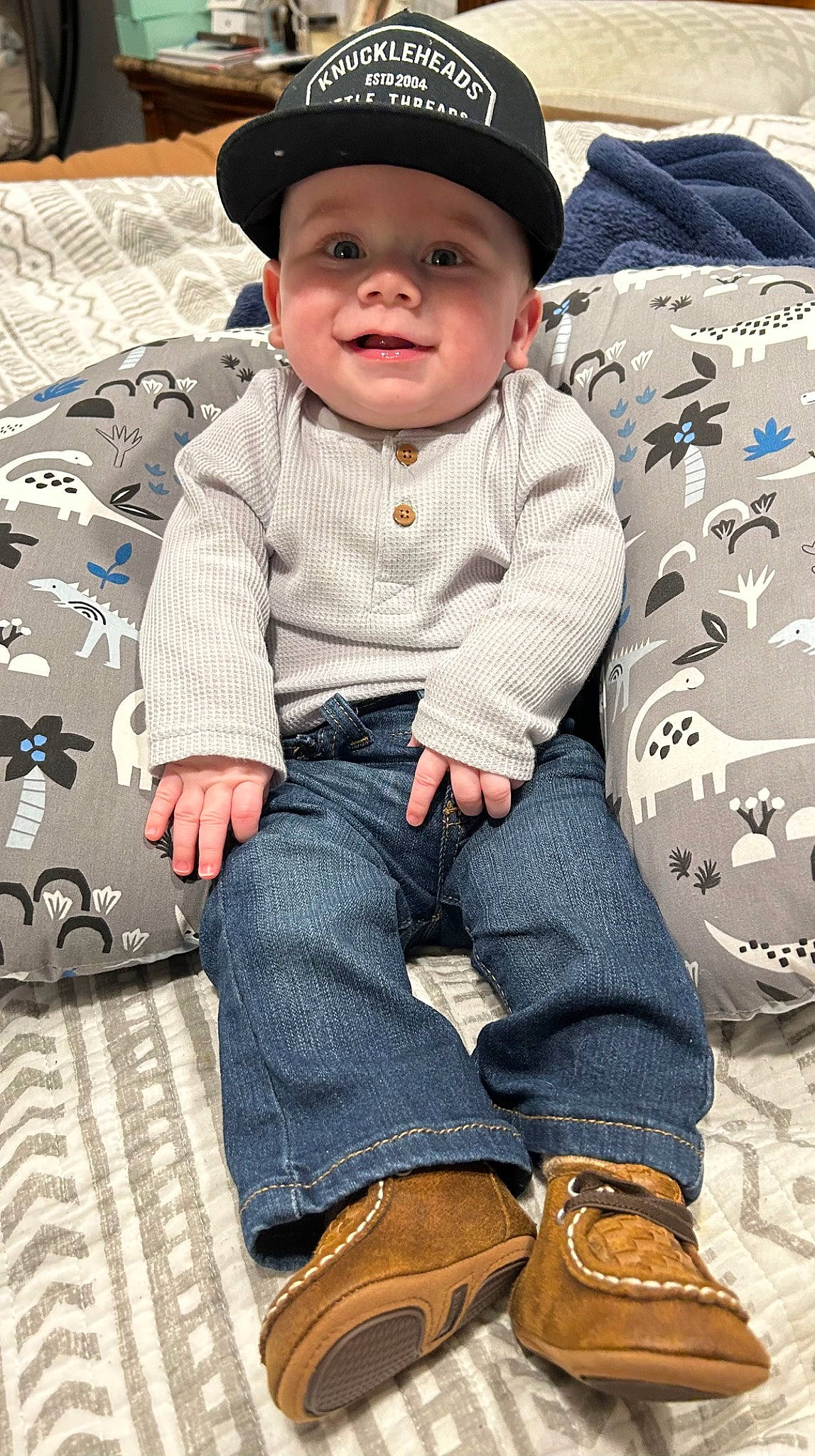 Kason joined the competition — help win amazing prizes! baby, baby_toddler_clothing, black, blue, child, clothing, collar, cool, denim, headwear, outerwear, pattern, person, photograph, product, sleeve, smile, sun_hat, textile, toddler