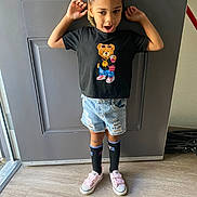 Nene joined the competition — help win amazing prizes! child, door, floor, indoor, black_tshirt, denim_shorts, socks, sneakers, standing, expression, hair, hands, wood_floor, casual_clothing, smiling, person, footwear, light, shadow, background