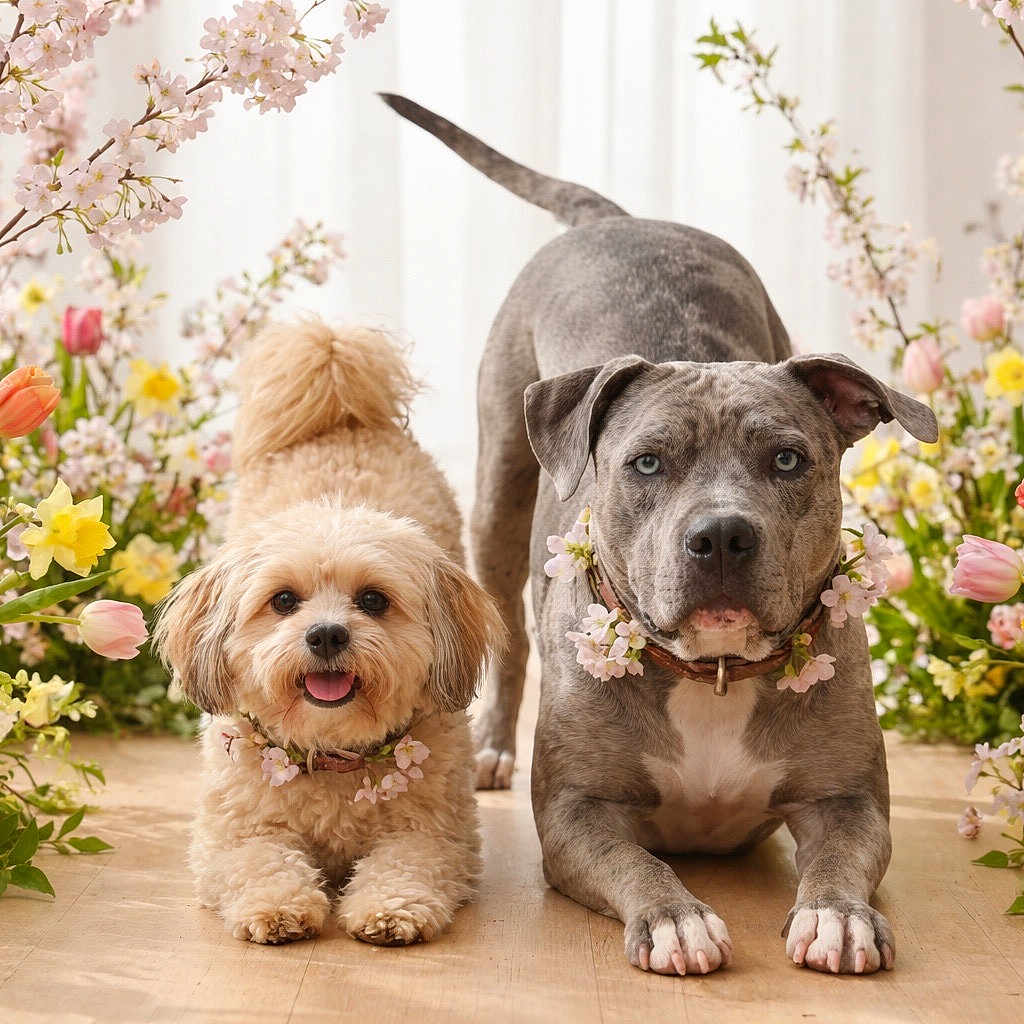 Wrigley Atlas joined the competition — help win amazing prizes! blossom, bouquet, companion, cute, daffodils, dog, dogs, floral_collar, flowers, fur, greenery, large_dog, pet_portrait, pets, playful, small_dog, spring, studio_shot, tulips, wooden_floor