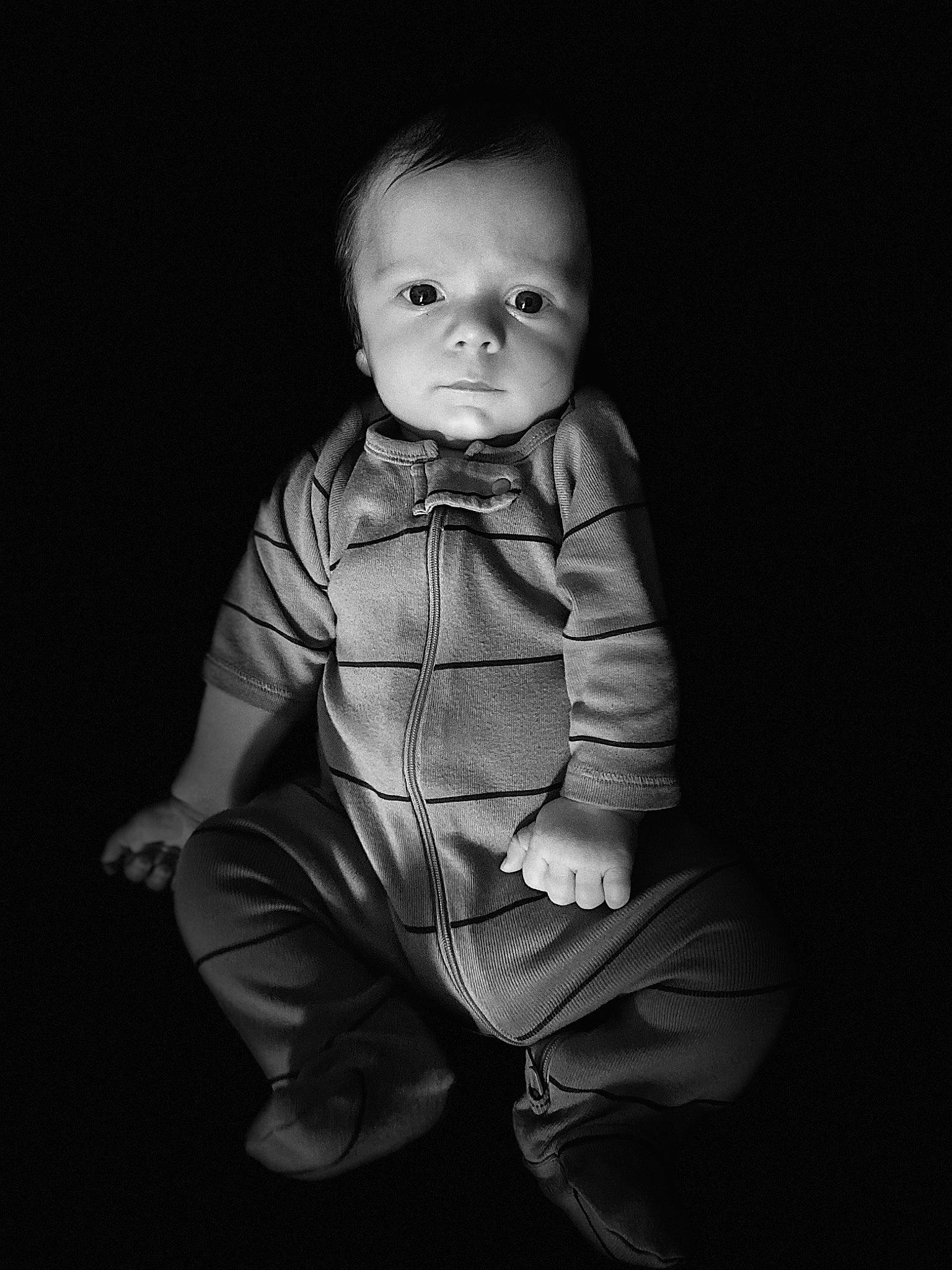 Peyton joined the competition — help win amazing prizes! baby, baby_toddler_clothing, cheek, child, collar, comfort, darkness, eye, flash_photography, fun, fur, grey, happy, monochrome, monochrome_photography, person, portrait_photography, sitting, sleeve, toddler