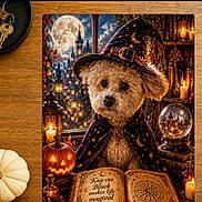 Kay-Cee is registered to the contest to win money with this photo: black, candles, castle, costume, cozy, crystal_ball, decorations, dog, fantasy, halloween, indoor, magic, moon, orange, portrait, pumpkin, puppy, spellbook, wizard_hat, wooden_frame