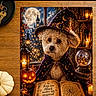 black, candles, castle, costume, cozy, crystal_ball, decorations, dog, fantasy, halloween, indoor, magic, moon, orange, portrait, pumpkin, puppy, spellbook, wizard_hat, wooden_frame