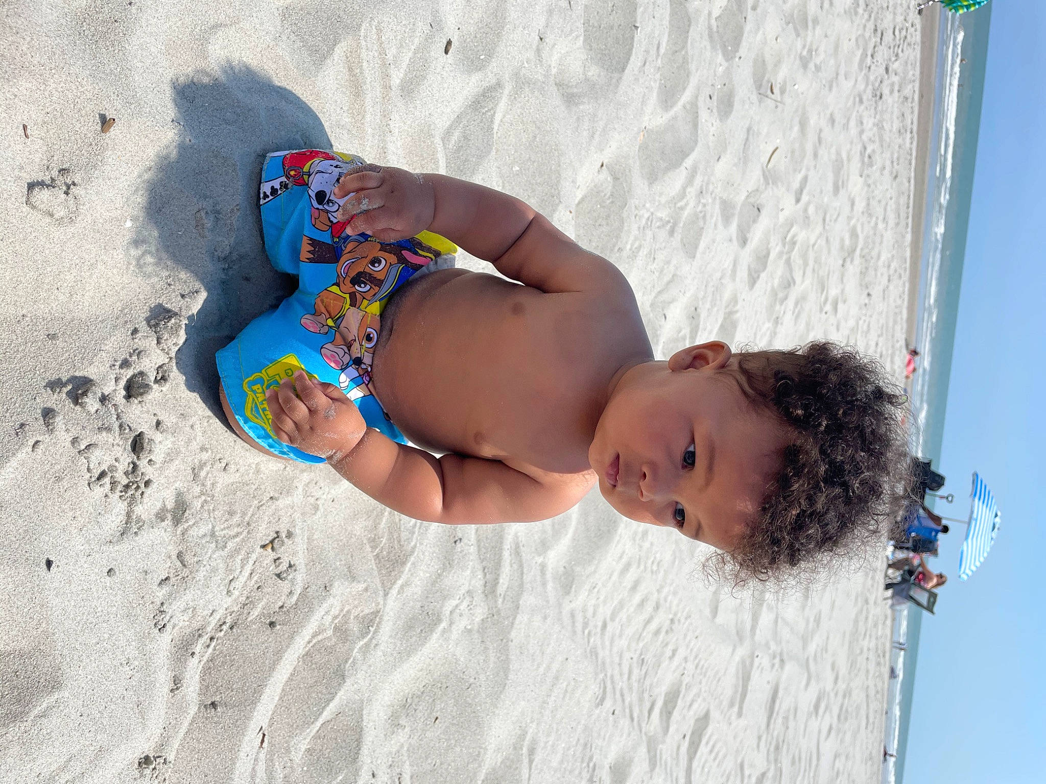 Larry joined the competition — help win amazing prizes! arm, azure, baby, beach, body_of_water, chest, fun, head, human, leg, leisure, people_in_nature, people_on_beach, person, stomach, summer, swimwear, thigh, toddler, undergarment