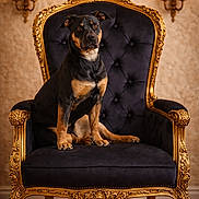 Bella a rejoint le concours — aidez-le/la à gagner de superbes lots ! armchair, black, brown_floor, calm, canine, chair, decor, dog, elegant, furniture, gold, indoor, lighting, luxury, ornate, pet, portrait, sitting, vintage, wall_sconce