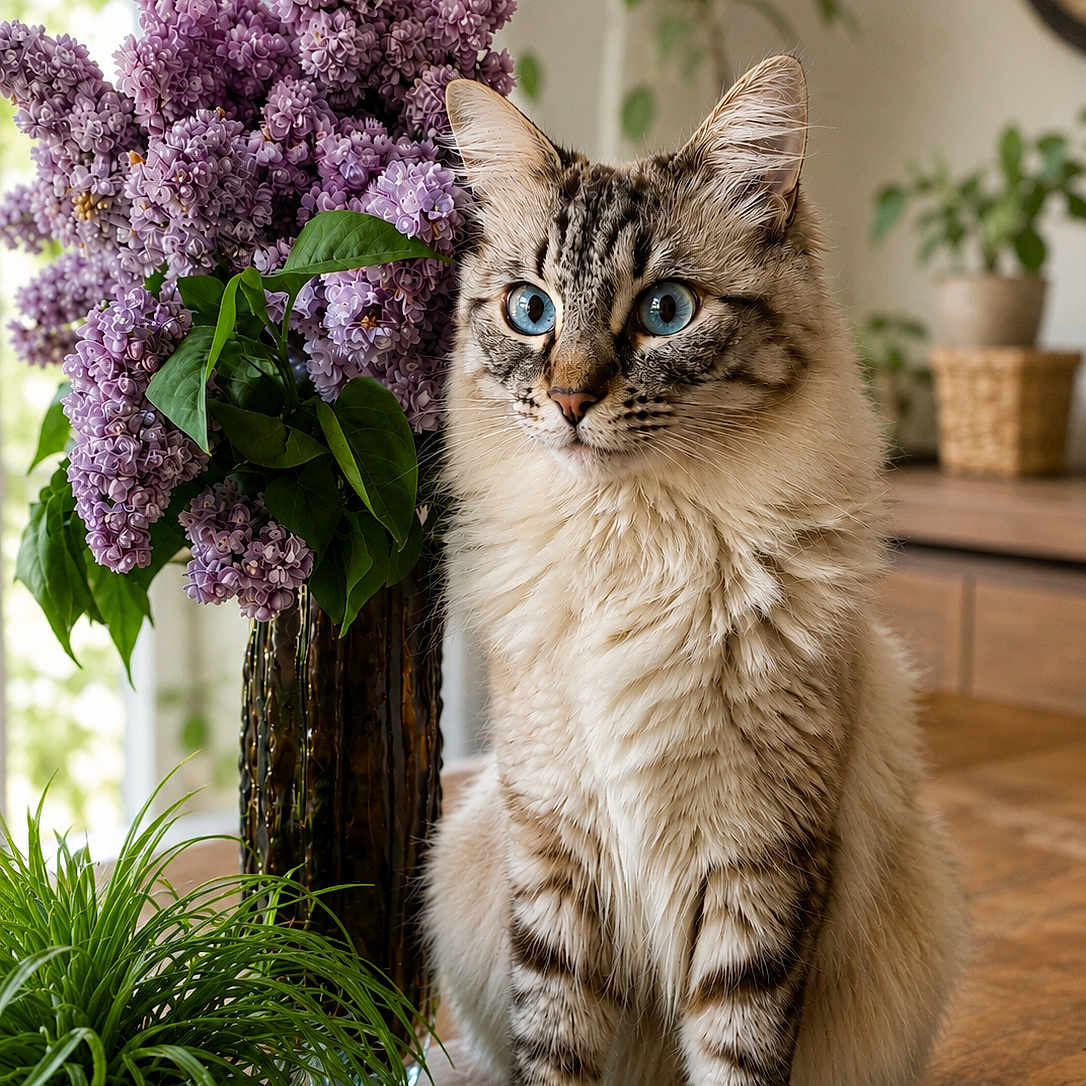 Lexa a rejoint le concours — aidez-le/la à gagner de superbes lots ! cat, blue_eyes, fluffy_fur, sitting, purple_lilacs, green_leaves, glass_vase, wooden_table, indoor, plants, natural_light, decor, furniture, window, closeup, pet, calm, domestic, feline, portrait