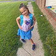 Jaelei joined the competition — help win amazing prizes! child, girl, backpack, sidewalk, grass, lawn, brick_house, sneakers, blue_skirt, tank_top, smile, outdoor, suburban, car, tree, shoes, casual_clothing, hairstyle, pose, daylight