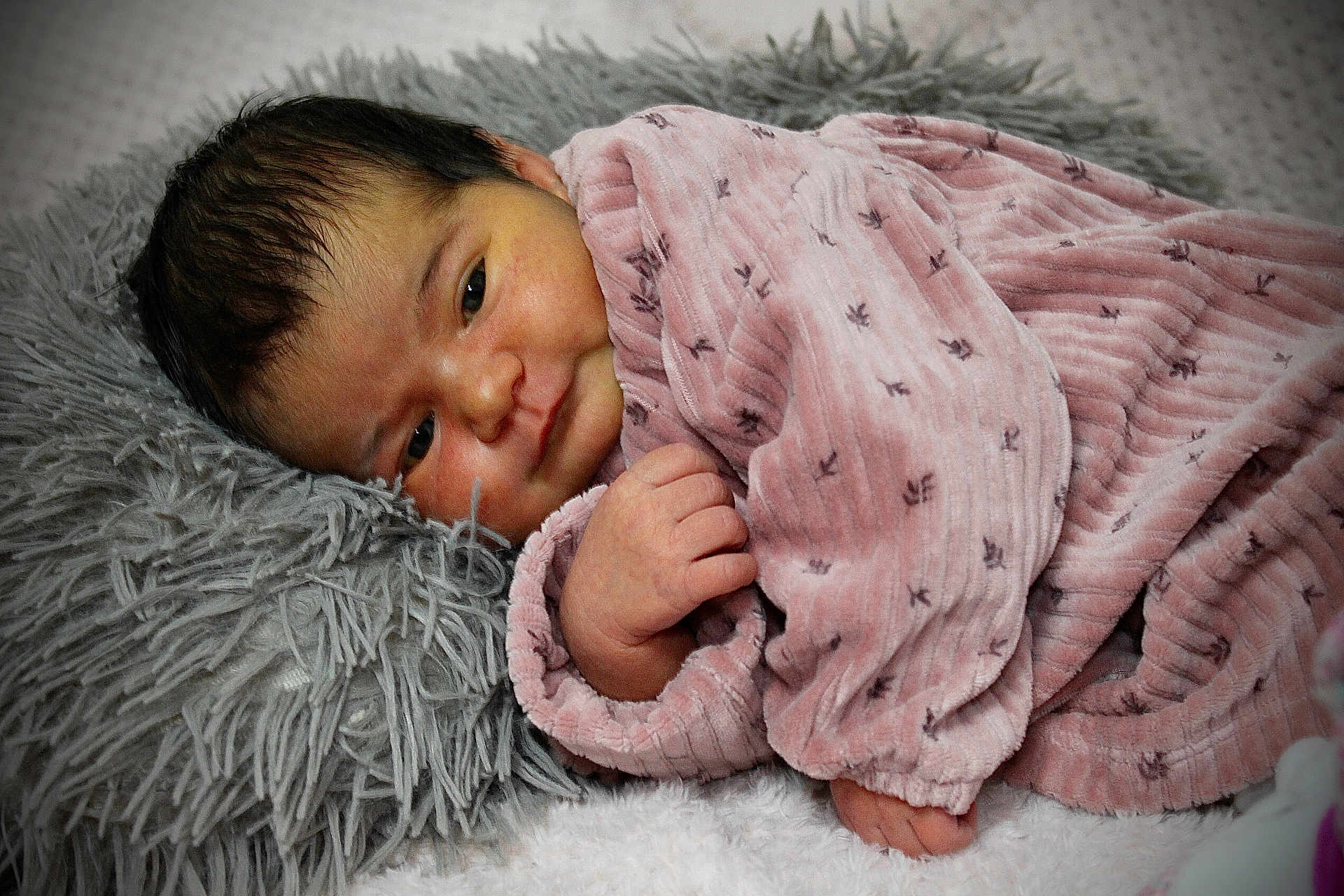 Leonie a rejoint le concours — aidez-le/la à gagner de superbes lots ! baby, newborn, infant, blanket, pink_blanket, furry_pillow, bedding, portrait, face, hand, tiny_hand, cozy, sleepy, close_up, swaddle, soft_texture, home, head, cute, photography