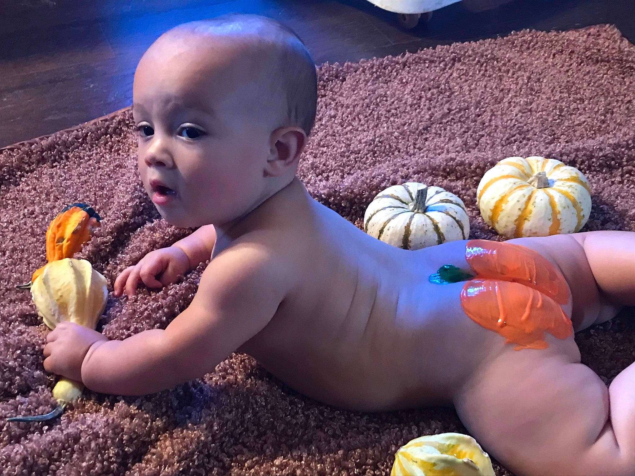 Hayes joined the competition — help win amazing prizes! baby, calabaza, cucurbita, gourd, grass, happy, human_body, morning, mouth, natural_foods, organ, organism, people_in_nature, person, photograph, pumpkin, squash, surprise, toddler, vertebrate