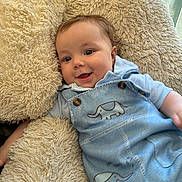 Paul a rejoint le concours — aidez-le/la à gagner de superbes lots ! baby, child, smiling, blue_overalls, elephant_print, cushion, fluffy, comfort, indoor, cute, portrait, happy, infant, clothing, person, head, face, light, relaxed, cozy