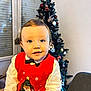 Victor participe au concours pour gagner de l'argent avec cette photo : bow_tie, celebration, chair, child, christmas_tree, cute, decorations, face, festive_clothing, furniture, happy, holiday, indoor, ornaments, person, portrait, red_sweater, smiling, table, toddler