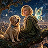 dog, golden_retriever, woman, person, fantasy, fairy, butterfly, wings, enchanted_forest, tree, tree_branch, cityscape, night, glowing_lights, mushrooms, magical, portrait, scarf, sweater, skyline