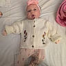 baby, infant, child, portrait, lying_down, bed, bedding, pink_bow, headband, knitted_cardigan, floral_clothing, pink_clothing, onesie, socks, indoor, home, soft_blanket, face, cute, fashion