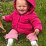 baby, child, clothing, cute, dandelions, grass, grass_field, greenery, happy, hood, infant, nature, outdoor, person, pink_jacket, playful, portrait, sitting, smile, sunlight