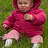 Georgia joined the competition — help win amazing prizes! baby, child, cookie, cute, field, funny_face, grass, greenery, hood, nature, outdoor, person, pink_jacket, playful, sitting, smiling, toddler, tongue_out, winter_clothing, young_child