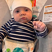 Jaxson joined the competition — help win amazing prizes! baby, infant, beanie, striped_shirt, blue_and_white, baby_seat, toy_monkey, turtle_graphic, face, hand, wide_eyes, indoor, child, cute, expression, portrait, clothing, seat_harness, bright_starts, looking_at_camera