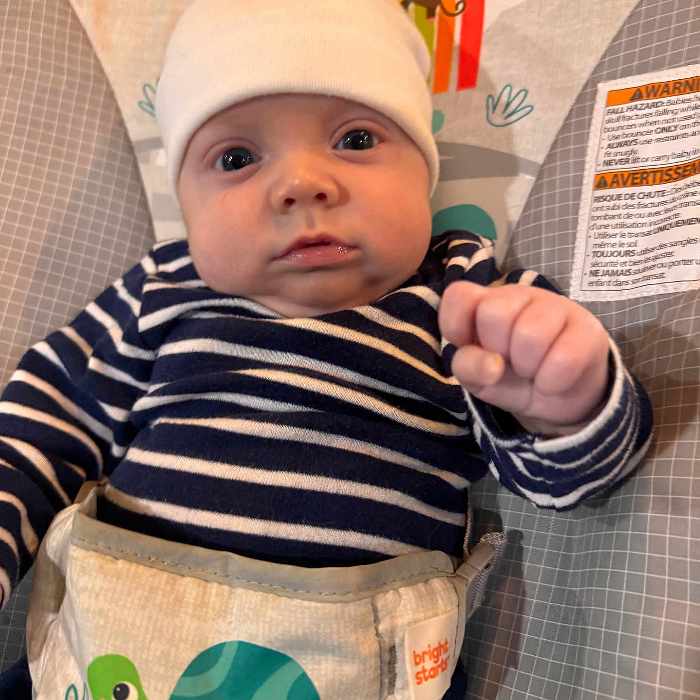 Jaxson joined the competition — help win amazing prizes! baby, infant, beanie, striped_shirt, blue_and_white, baby_seat, toy_monkey, turtle_graphic, face, hand, wide_eyes, indoor, child, cute, expression, portrait, clothing, seat_harness, bright_starts, looking_at_camera