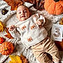 Pablo a rejoint le concours — aidez-le/la à gagner de superbes lots ! baby, child, autumn, leaves, pumpkins, blanket, sweater, fox_pattern, card, milestone, cozy, cute, lying_down, celebration, fall_season, clothing, infant, person, portrait, indoors