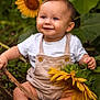 baby, child, sunflower, nature, outdoor, greenery, smile, happy, barefoot, stick, plants, leaf, toddler, cute, infant, garden, summer, sunlight, portrait, sitting