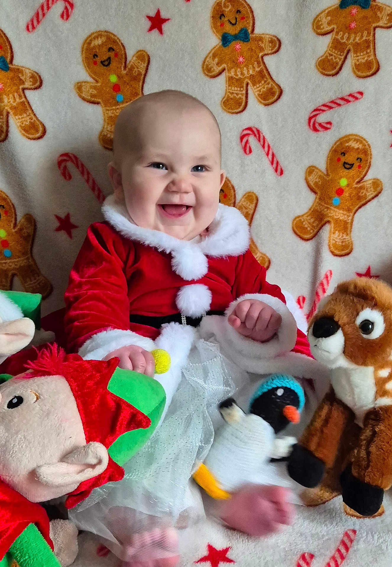 Emilia-Rose joined the competition — help win amazing prizes! baby, child, smiling, santa_outfit, plush_toys, holiday, christmas, blanket, gingerbread, candy_cane, festive, cute, happy, indoors, portrait, toddler, toy_penguin, toy_deer, toy_elf, holiday_season
