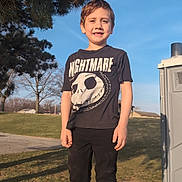 Ben is registered to the contest to win money with this photo: child, boy, standing, outdoor, grass, tree, sky, sunlight, casual_clothing, tshirt, pants, sneakers, rock, smiling, nature, daytime, park, portrait, young, happy
