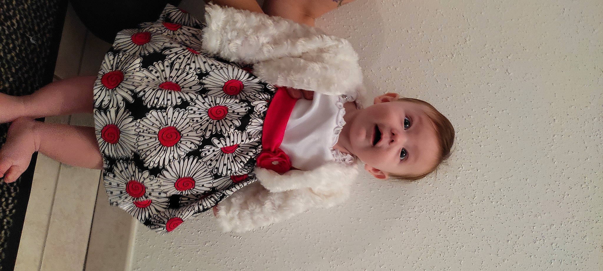 Amely participe au concours pour gagner de l'argent avec cette photo : baby, baby_toddler_clothing, carmine, child, costume_hat, dress, event, fashion_accessory, flooring, fur, headgear, linens, magenta, mammal, pattern, person, petal, smile, surprise, toddler