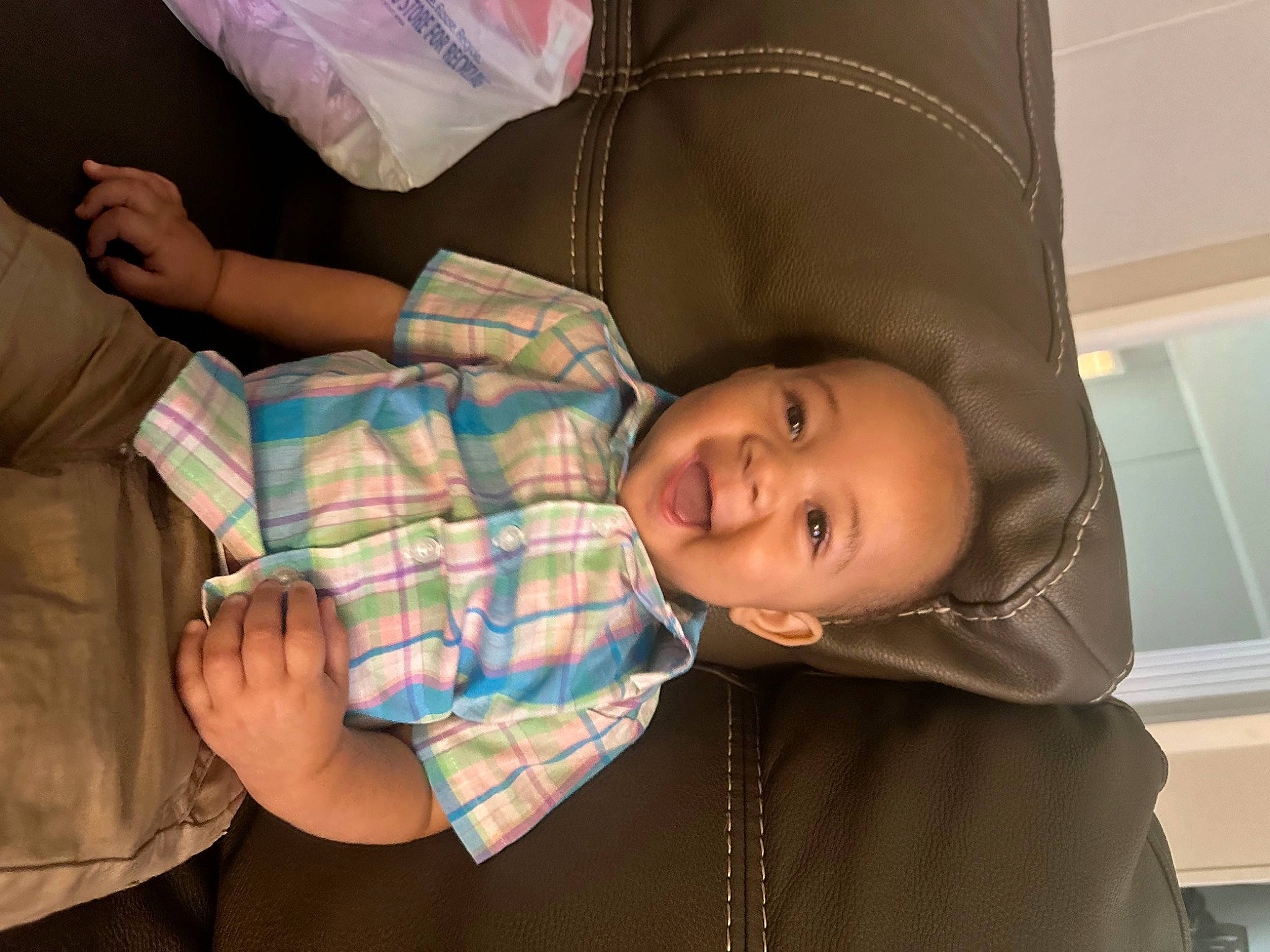 Lj joined the competition — help win amazing prizes! baby, cheek, child, comfort, eye, fun, happy, human, joy, mammal, nose, pattern, person, plaid, sitting, skin, sleeve, smile, tartan, toddler